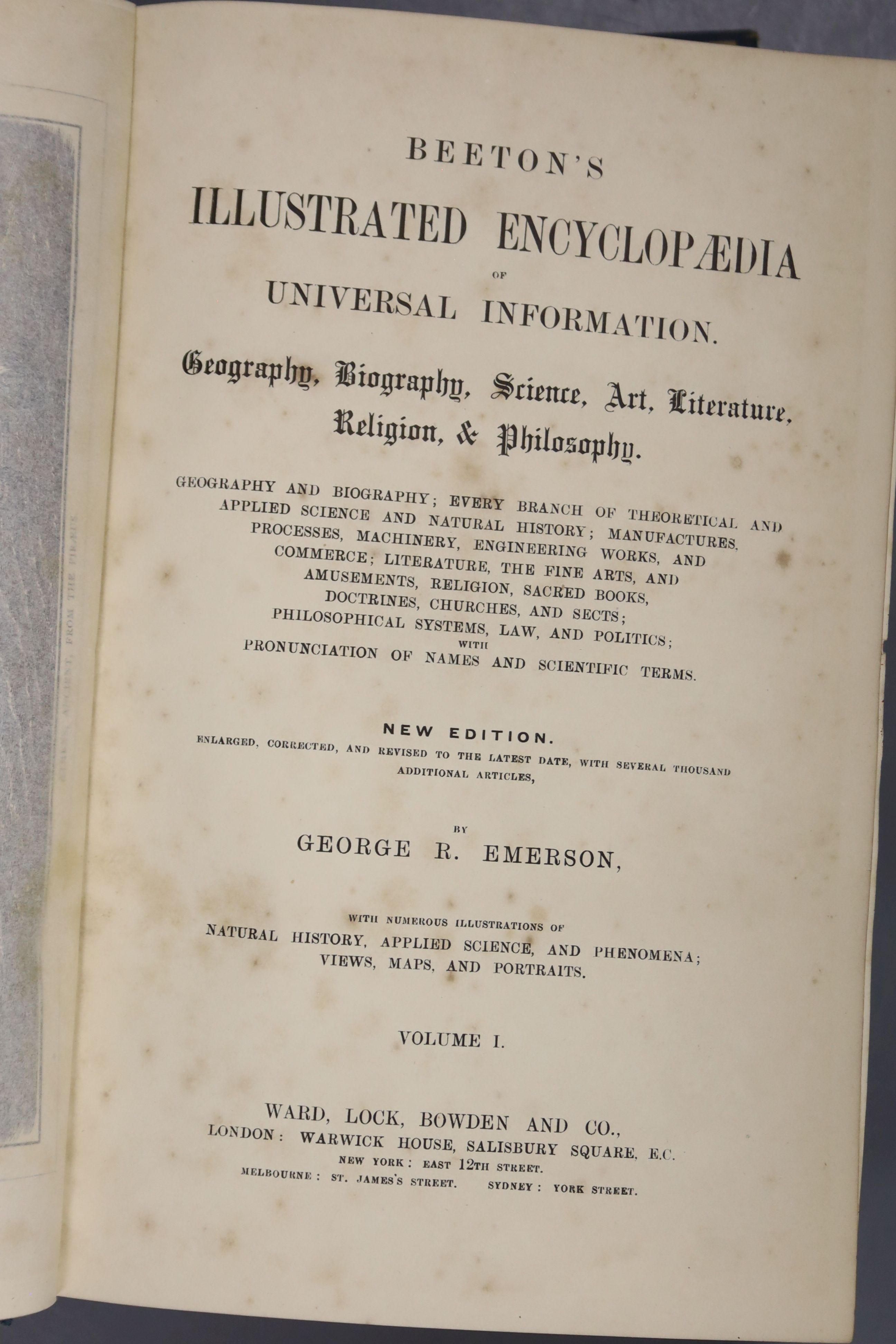 Beeton’s Illustrated Encyclopaedia of Universal Information …, 6 vols, new edition, corrected and revised (etc.), numerous plats and coloured folded maps; gilt decorated and blind pictorial cloth, thick plates roy. 8vo.,